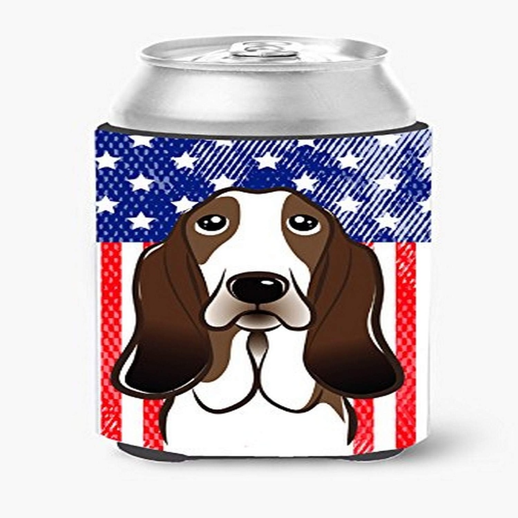 Caroline's Treasures BB2173CC American Flag and Basset Hound Can or Bottle Hugger Cooler Washable Drink Sleeve Collapsible Beverage Insulated Holder, Can Hugger, Multicolor