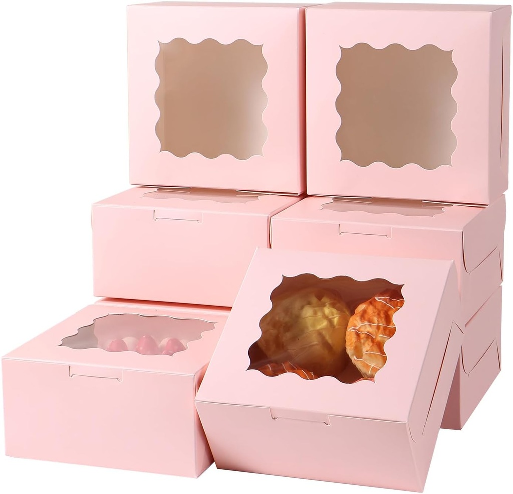 100 pcs 6x6x3 Inches Small Cake Box with Window, Bakery Pastry Cookie Boxes, Mini Pie container for Pastry,Dessert,Strawberries,Chocolates, Cupcakes with paper stickers (pink)