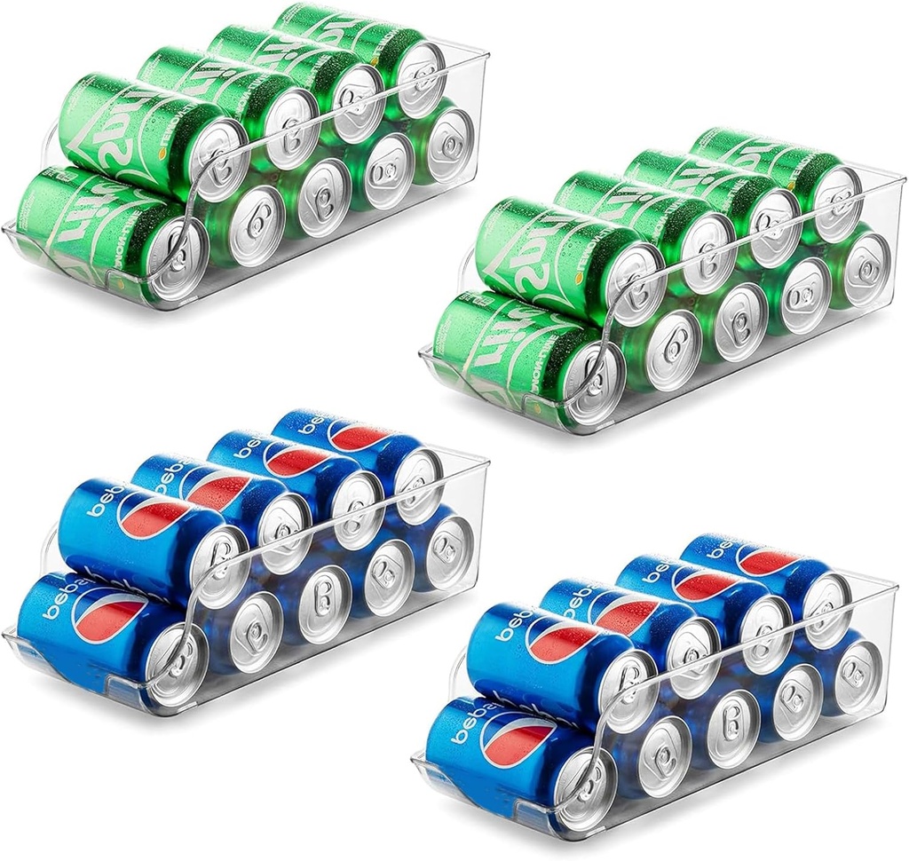 4 Pack Clear Soda Can Organizer Dispenser for Refrigerator - Space Saving Fridge Bins with Stackable Design, Countertop & Pantry Storage Containers for Cans, Bottles and Snacks