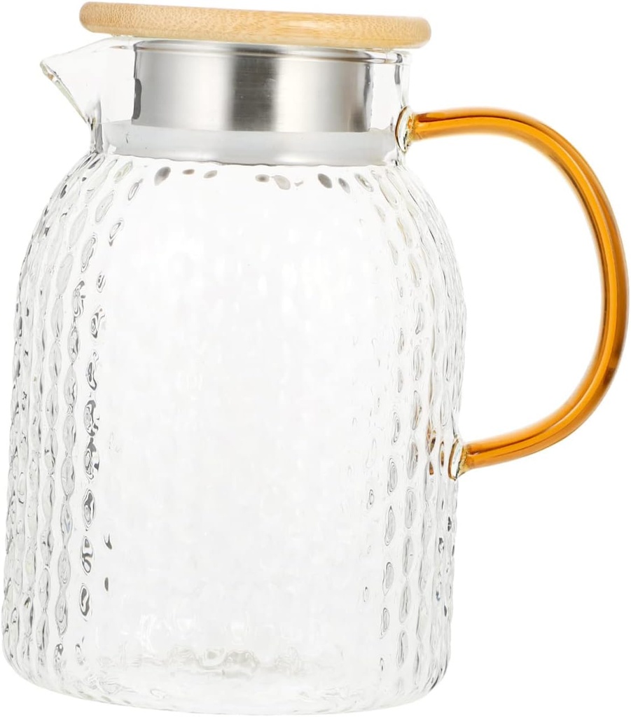 Hammered Glass Water Pitcher with Bamboo Steel Lid High Temperature Resistant Cold Water Carafe for Home Use Iced Tea Juice and Beverages