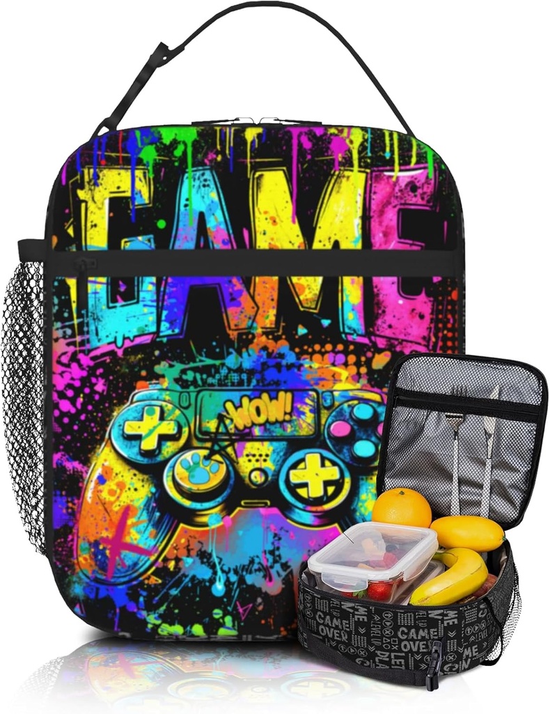Video Game Lunch Box Gamepad Lunch Bag Reusable Cool Slogan Theme Lunch Bag Game Lunchbox, Graffiti Lunch Box For Women Men, Work, Picnic, Beach