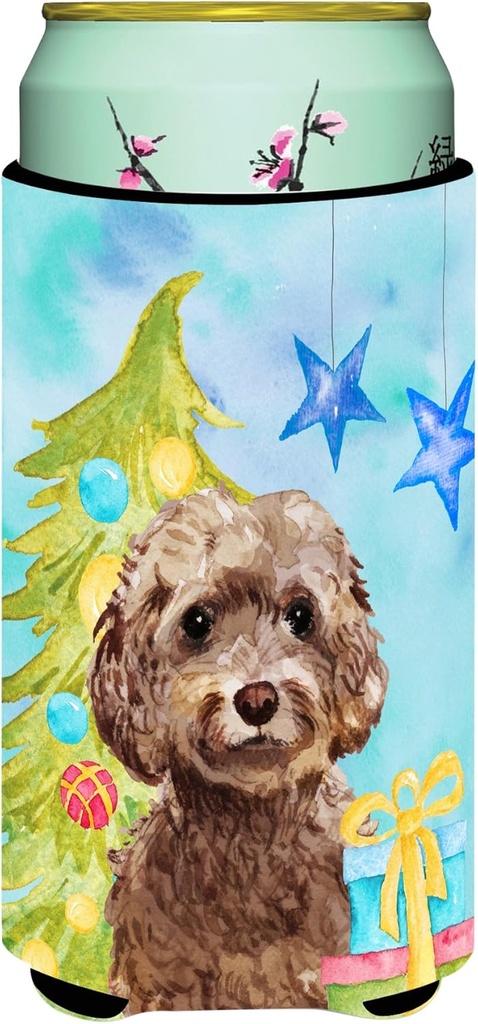 Caroline's Treasures BB9409TBC Brown Cockapoo Christmas Tall Boy Hugger Can Cooler Sleeve Hugger Machine Washable Drink Sleeve Hugger Collapsible Insulator Beverage Insulated Holder