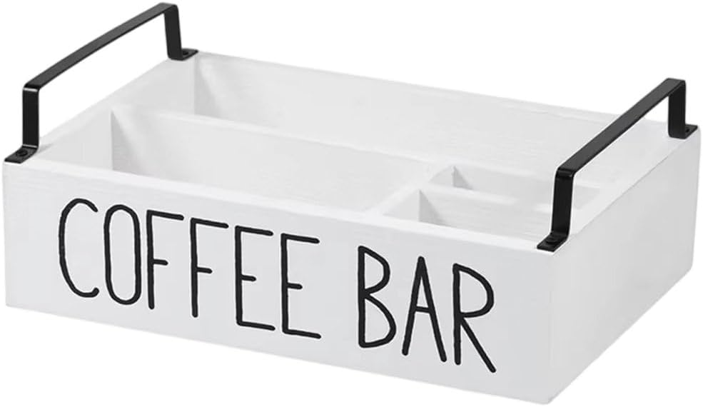 Coffee Station Organizer for Countertop, Wood Coffee Pods Holder Storage Basket with 4 Compartment, Coffee and Tea Condiment Storage Organizer, Coffee Bar Accessories Organizer