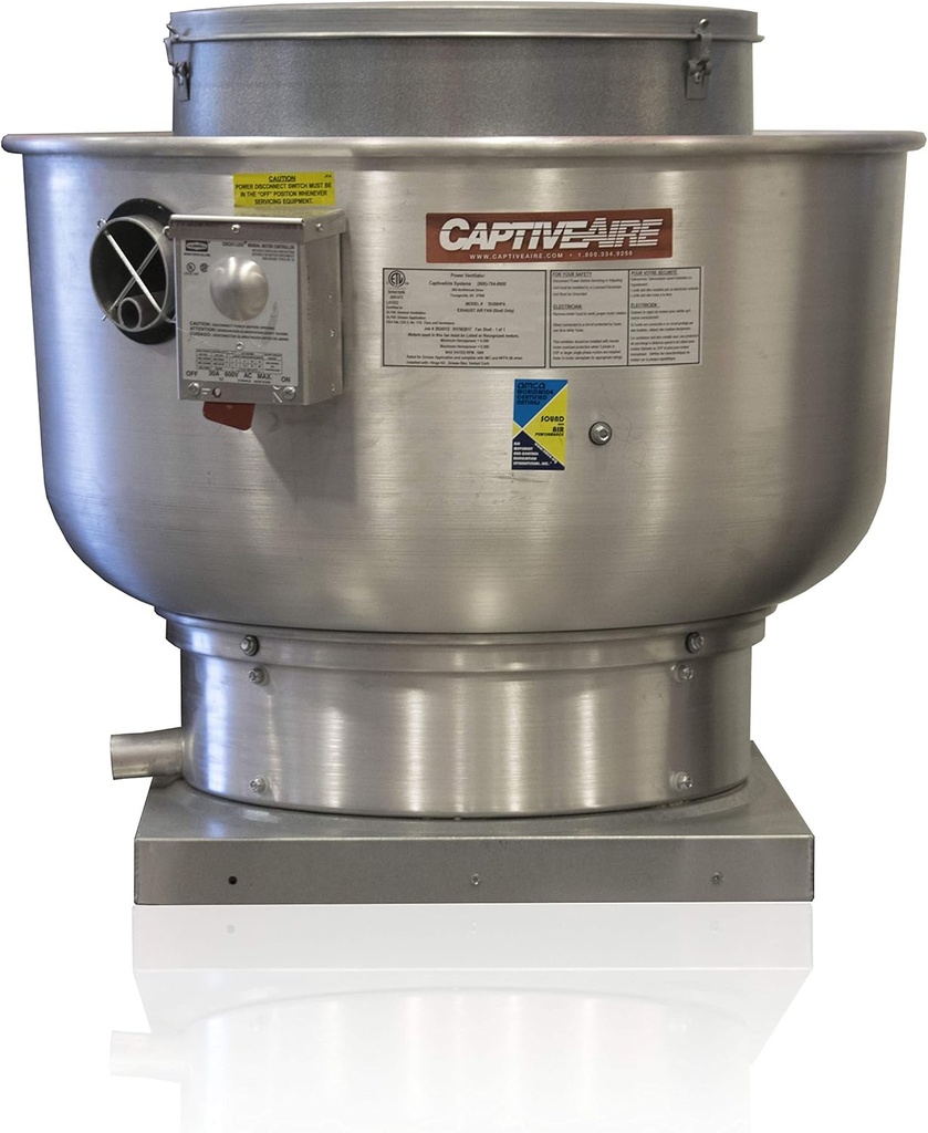 CAPTIVE-AIRE Restaurant Canopy Hood Grease Rated Exhaust Fan- Direct Drive Centrifugal Upblast Exhaust Fan- 28" Fan Base, 208 Volt Three Phase Motor 3000 CFM (DU180HFA)