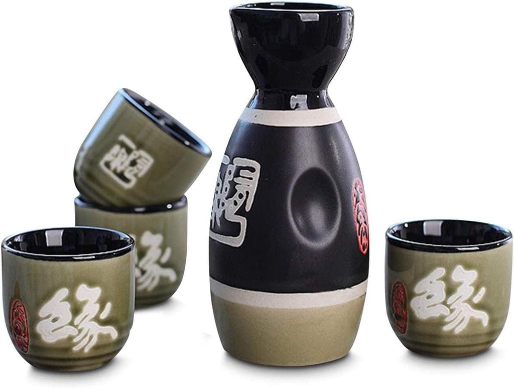 Set da Sake, Set da Sake giapponese tradizionale in Ceramica da 5 pezzi con 1 Bottiglia da servizio e 4 tazze da Sake