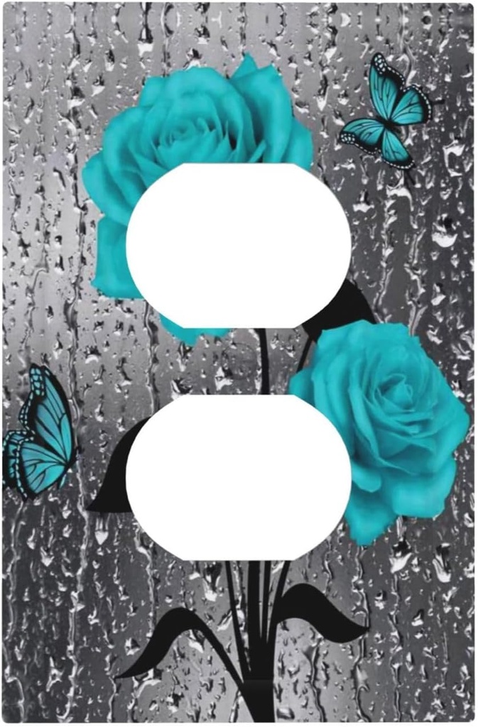 Teal Turquoise Blue Gray Grey Raindrop Rose Flower Floral 1 Device Gang Duplex Receptacle Wall Plate Outlet Cover Romantic Pretty Butterfly Electrical One Gang Dual Light Switch Faceplate Socket Cover