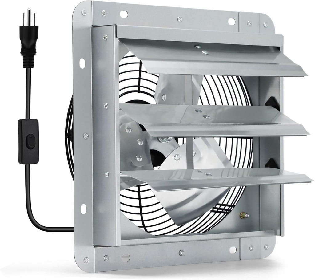 7 Inch Shutter Exhaust Fan, Wall Mount Attic Fan with Power Cord for Greenhouses, Sheds, Garages, Chicken Coops, Barns Ventilation, 760 CFM