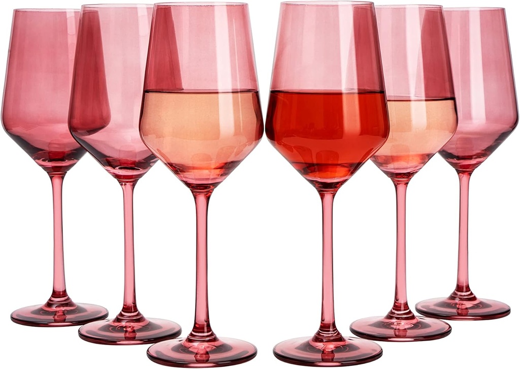 Red Rose Colored Wine Glass Set, Large 12 oz Glasses Set of 6, Unique Italian Style Tall Stemmed for White & Red Wine, Water, Cocktail, Margarita Glasses, Color Tumbler, Gifts, Beautiful Glassware