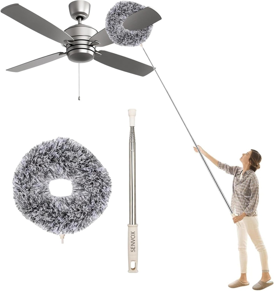 Ceiling Fan Cleaner Duster High Ceiling Extended Fan Blade Cleaner from 13 to 50 Inch Reusable Microfiber Ceiling Fan Duster with Extension Handle for Furniture Bookshelves Wall Door (Gray)