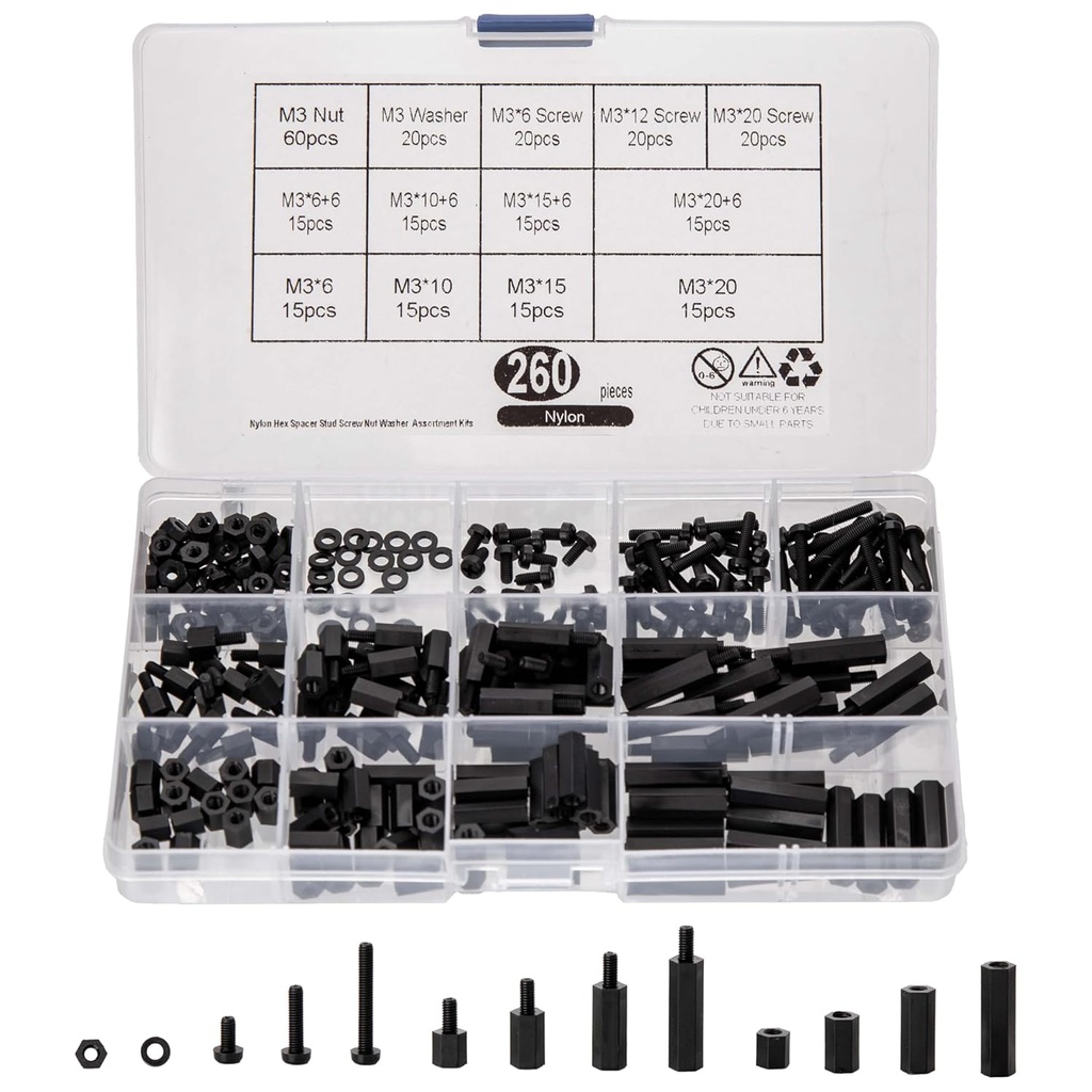 260 Pcs M3 Male Female Nylon Hex Spacer Standoffs Screws Nuts, Nylon Hex Threaded Pillar Spacer Standoffs Screws Nuts Assortment Kit for PCB Motherboard Circuit Board - Black