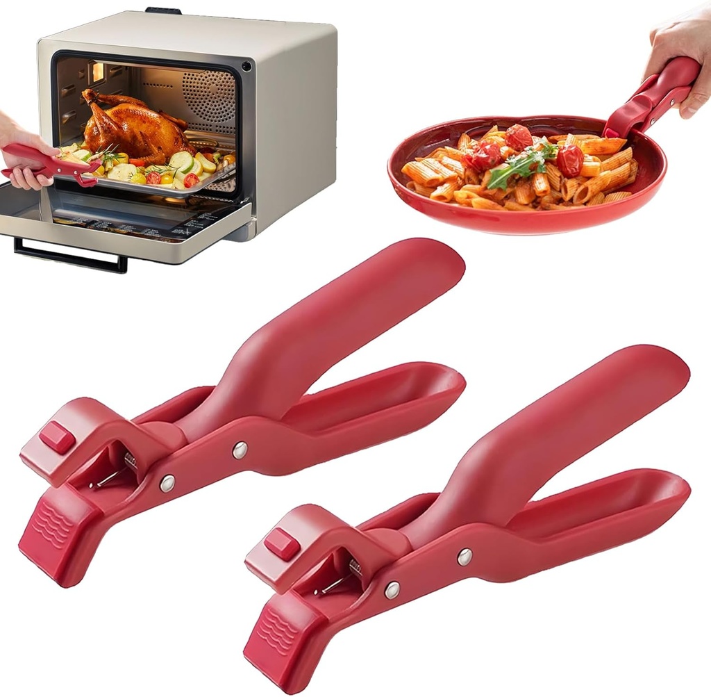 Multi Angle Hot Plate Gripper Tongs, Multi-Functional Anti-Scald Bowl Clip, Silicone Non-Slip Hot Dish Plate Holder, Kitchen Utensil for Microwave, Oven, Cooking and Camping Use (Red*2)