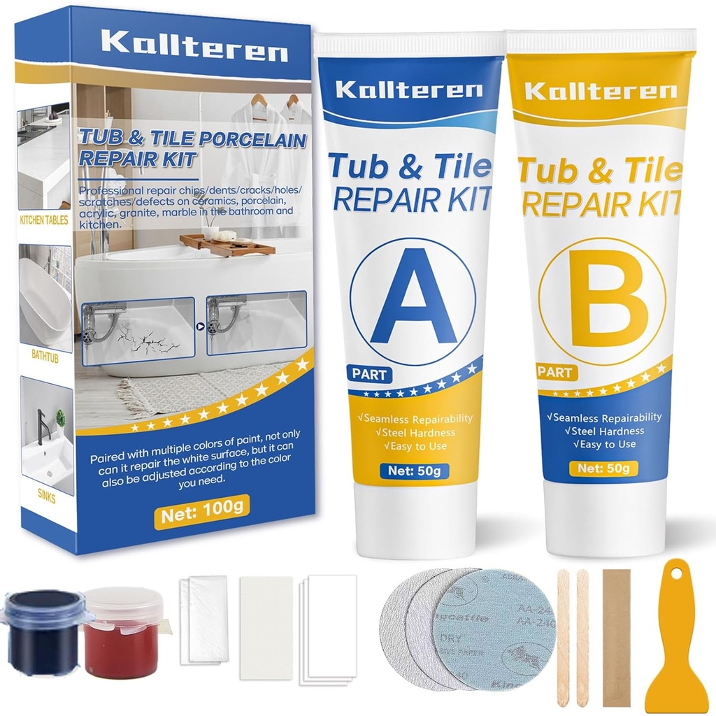 Porcelain Repair Kit, White Tile and Bathtub Fiberglass Repair Kit for Any Cracks Chips, Quickly Repair Resin, Ceramic, Marble Shower Sink, Acrylic Quartz Countertop