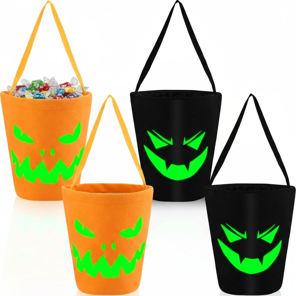 Frienda 4 Pcs Halloween Candy Buckets Glow in The Dark Tote Candy Bags Multipurpose Halloween Trick or Treat Bag Goody Reusable Collapsible Light up Bat Pumpkin Bucket for Party Gifts Supplies Favors