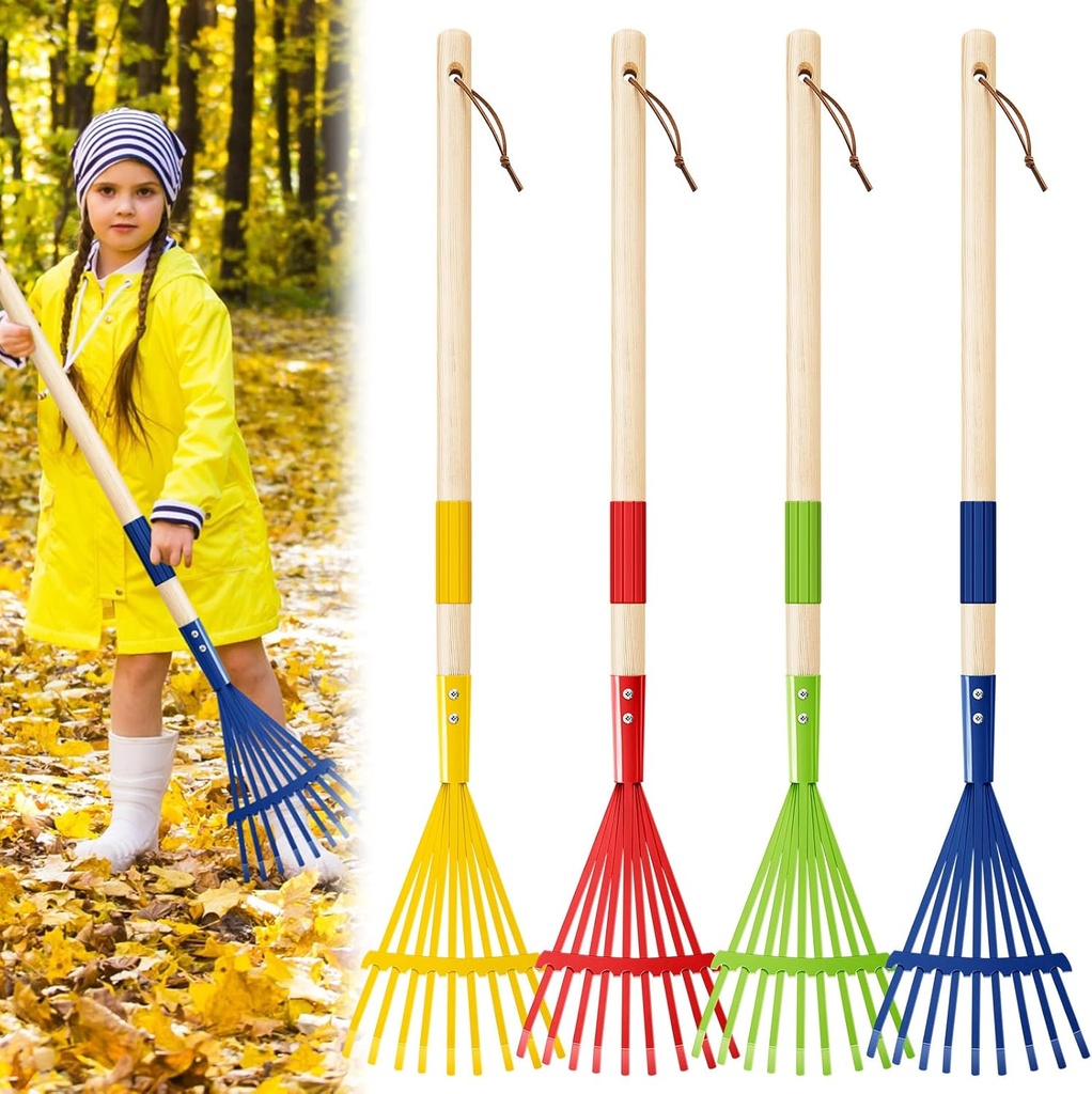 Suclain 4 Pcs Kids Rake with Hardwood Handle Small Child Size Multicolor 28'' Mini Rake for Leaves Lightweight for Children Garden Leaf Yard Tools Gifts