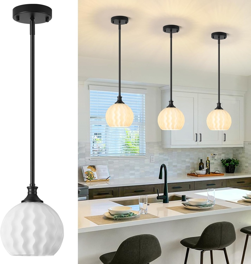 Black Pendant Lights Kitchen Island, 1-Light 7.3" Modern Milk Glass Pendant Light Fixtures with Rods, Globe Hanging Lighting for Kitchen Sink Bathroom Dining Room, E26 Base