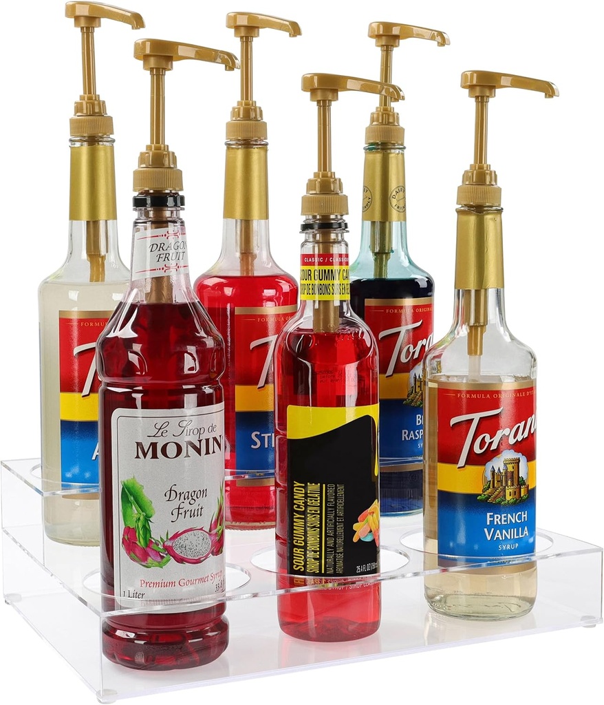 Lot45 Syrup Dispenser Coffee Bar Organizer - 2-Tiered Clear Acrylic Syrup Bottle Holder - Liquor Bottle Display Shelf - Countertop Barista Coffee Flavoring Station Storage Rack for Home or Cafe