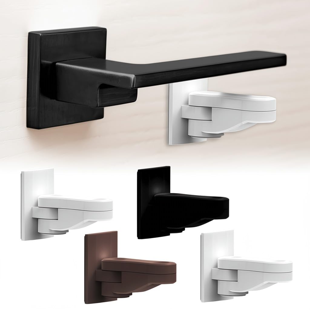 Child Proof Door Lever Lock, Baby Proofing Door Handle Lever, One Hand Operation, Compact Minimalist Design, Strong Adhesive, Easy Installation, 4 Pack (2 White, 1 Black, 1 Brown)