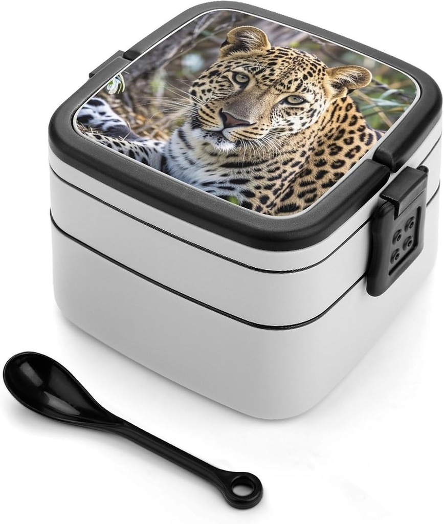 Bento Box Adult Lunch Box All-in-One Stackable Leakproof Lunch Containers with Compartments Double Layer Leak-Proof African Animal Leopard Lunch Boxes for Women Men Office Work Picnic