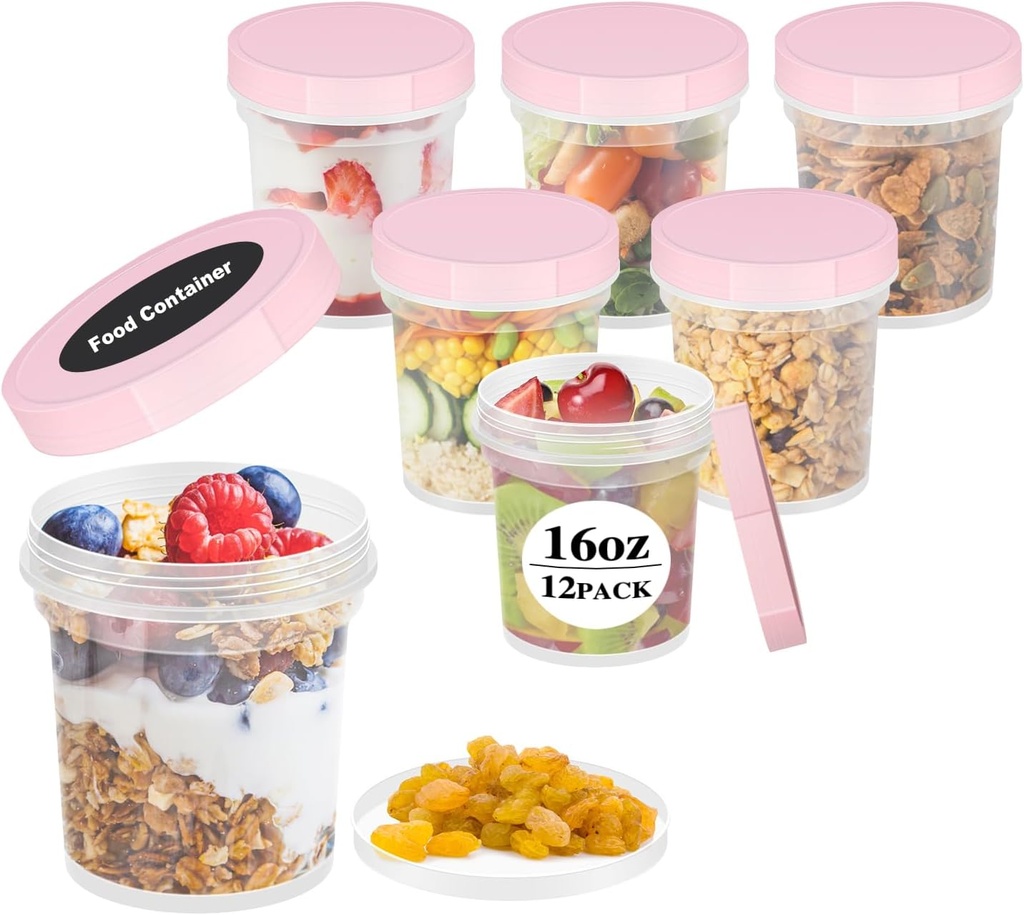 Twist Top Deli Containers, Plastic Soup Container With Lids,Freezer Food Storage BPA Free, Leak Proof, Stackable, Microwave Dishwasher Safe (Pink 16OZ-6Pack)