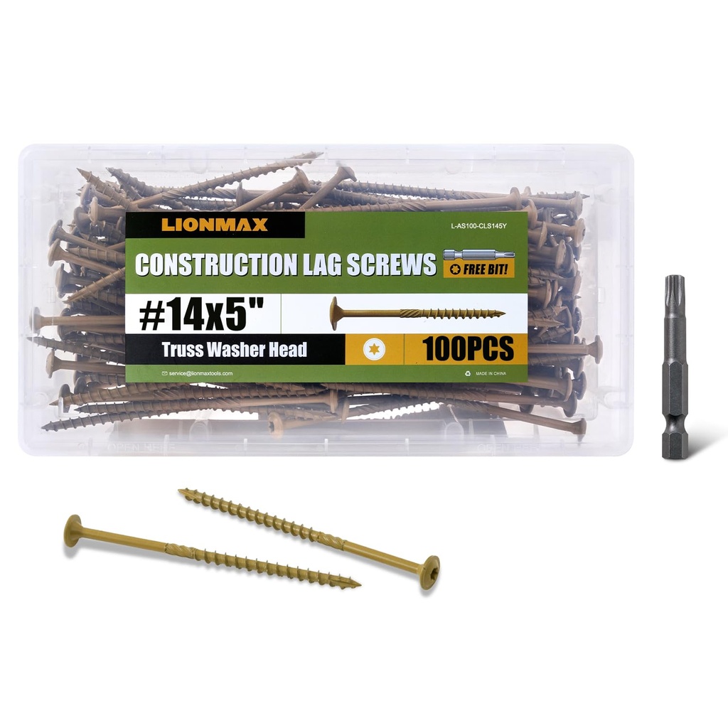 LIONMAX Lag Screws 5 Inch, Structural Wood Screw #14 x 5, 100-PCS Heavy Duty Construction Screw, Rust Resistant, Washer Head, Bronze Coated Exterior Wood/Lag/Timber Screws, Star Drive with Bit
