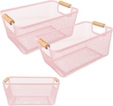 PTSGCAI 2Pack Metal Mesh Steel Basket with Bamboo Handle - Wire Metal Basket for Kitchen Organization, 12" Wide Food Organizer Bin, Perfect for Organizing Bulk Pantry (PINK)