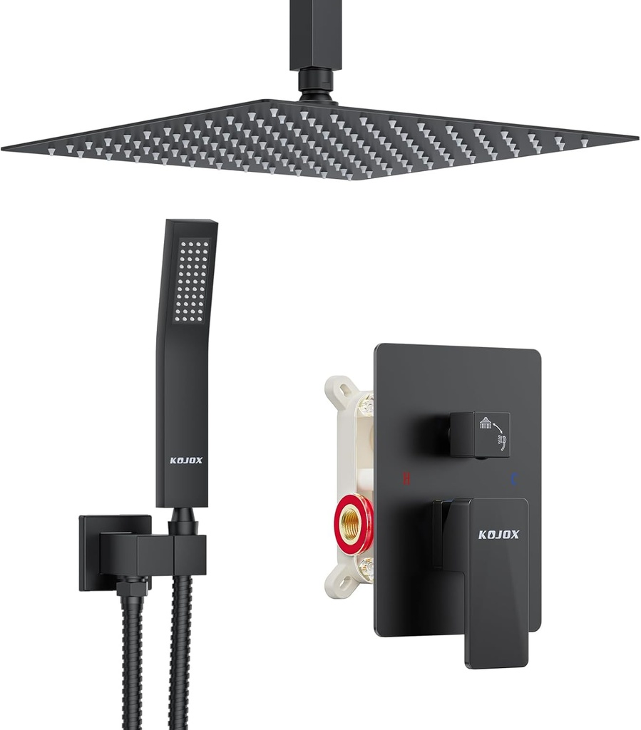 KOJOX Matte Black Ceiling Shower Fixture with 12 Inch Rainfall Shower head and Handheld Head, Bathroom Shower Faucet Set Trim Kit with Mixer Valve
