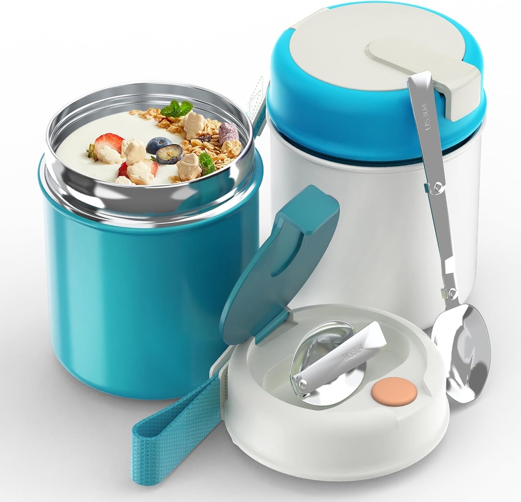 2PCS Food Soup Container Lunchbox - Adult Stainless Steel Thermo Food Jar,for Hot Cold Width Mouth with Spoon Food Hydroflask,Bottle Leak Proof Hot Food Storage Outdoor Camping Blue Green+White