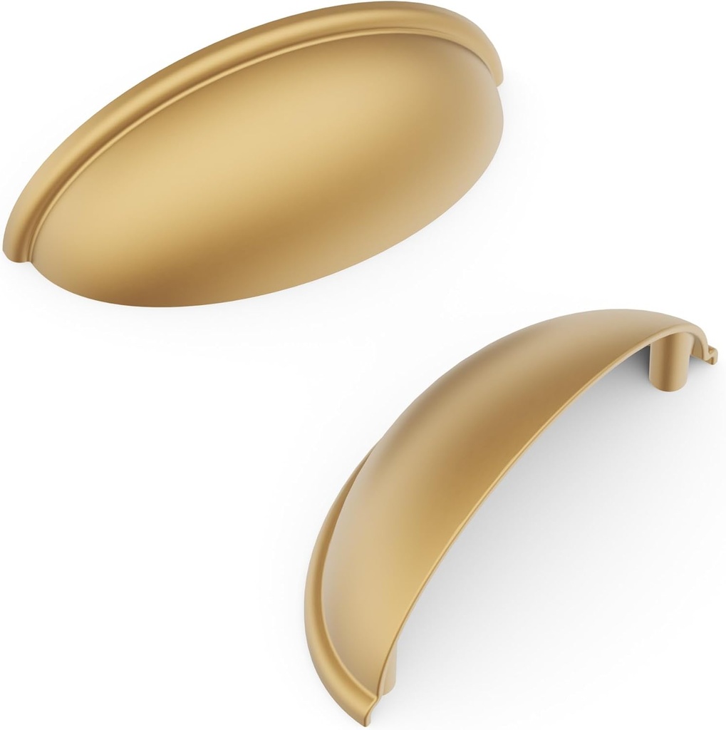 Hickory Hardware Heritage Cabinet Cup Pulls, Handles for Kitchen Cabinet Doors, Dresser Drawers & Bathroom Vanity, 3 Inch Center to Center, Brushed Brass, 10 Pack