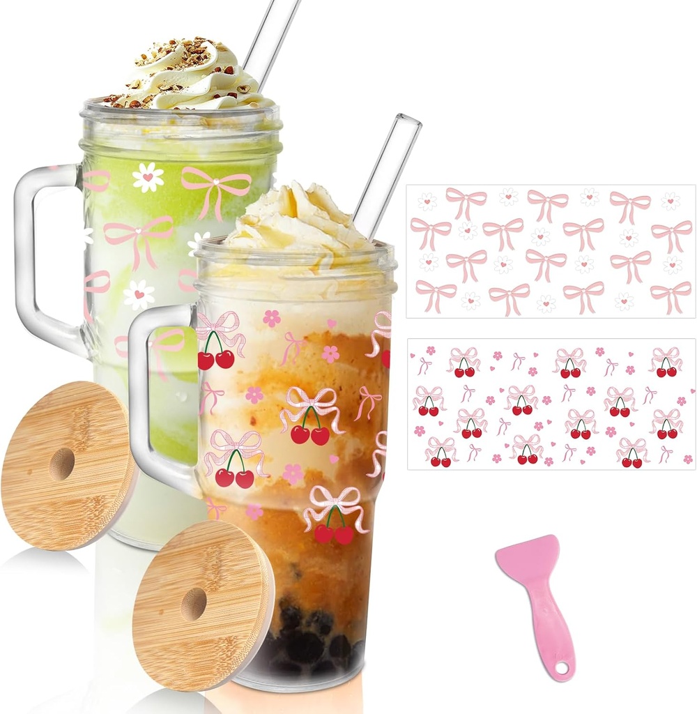 Glass Cups with Lids and Straws 2 Packs - 24oz Glass Tumbler with Handle, Mason Jar with Lid and Straw -Wide Mouth Reusable Drinking Glasses for Iced Coffee Smoothie Matcha Cocktail Whiskey Milk