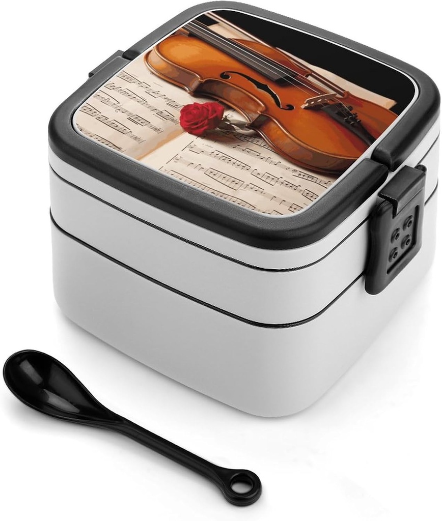 Violin Sheet Music Bento Box Adult Stackable 2 Layers Containers Reusable Leakproof Lunch Containers for Adults Travel 33oz Lunchbox with Spoon Portable Bento Boxes, Microwave Dishwasher Safe