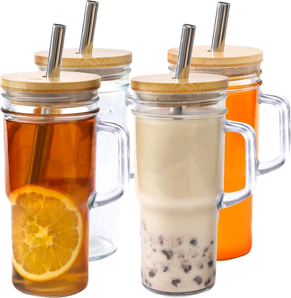 24oz Glass Cups with Lids and Straws - Glass Tumbler cup with bamboo lids and straw iced coffee cup