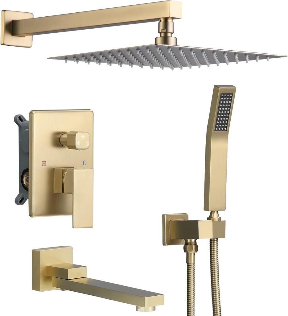 Tub Shower Faucets Sets Complete Brushed Gold Bathtub Shower System with Tub Spout, Bathtub Faucet Set Tub and Shower Faucet Combo Trim Kit with Rough-in Valve