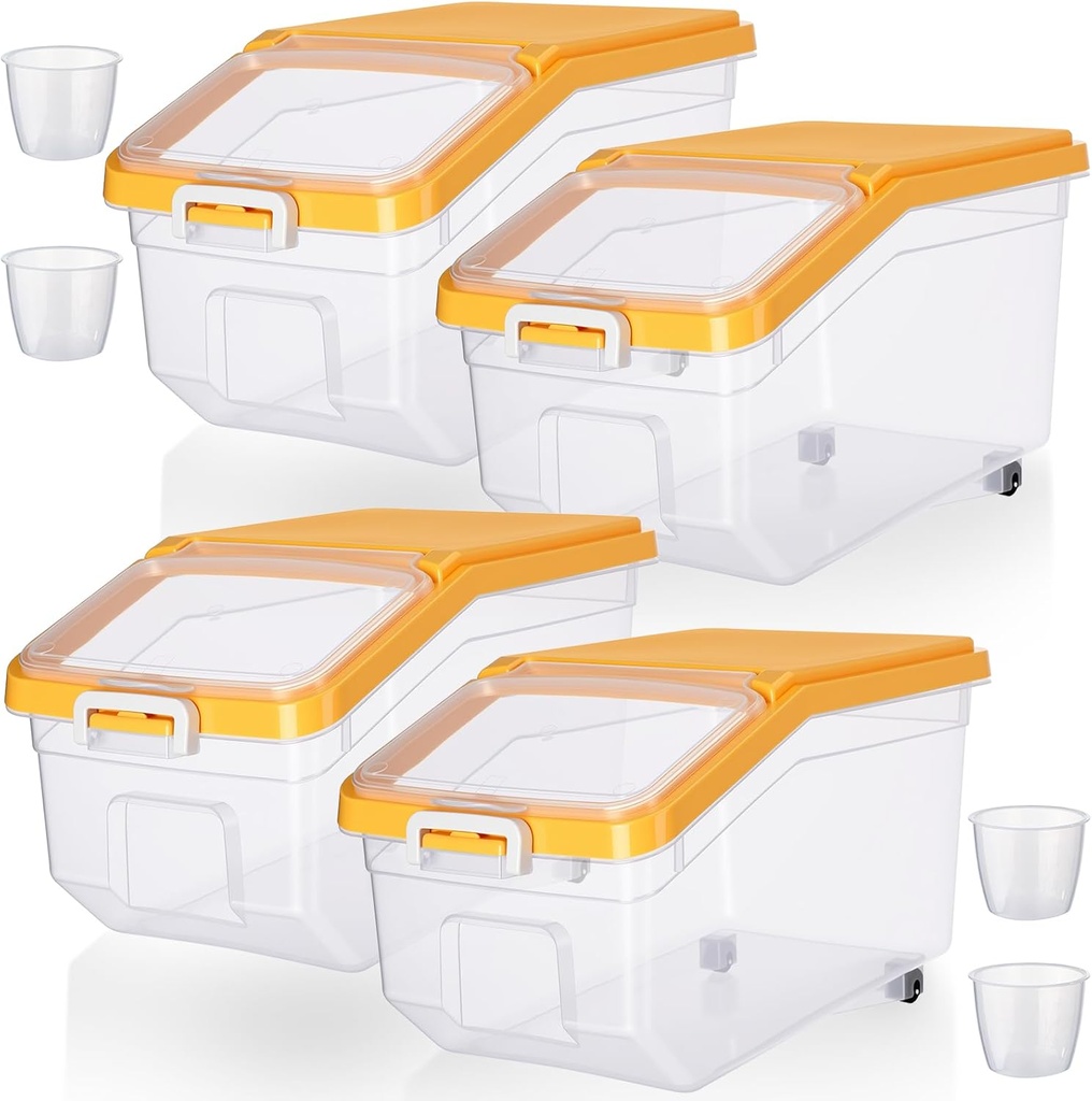 Sunnyray 4 Pcs Rice Storage Container 22 lb Airtight Flour Container with Wheels Measuring Cup Clear Pet Dog Cat Birds Food Bin Grain Cereal Organizer Box for Dry Baking Supplies(Yellow Lid)