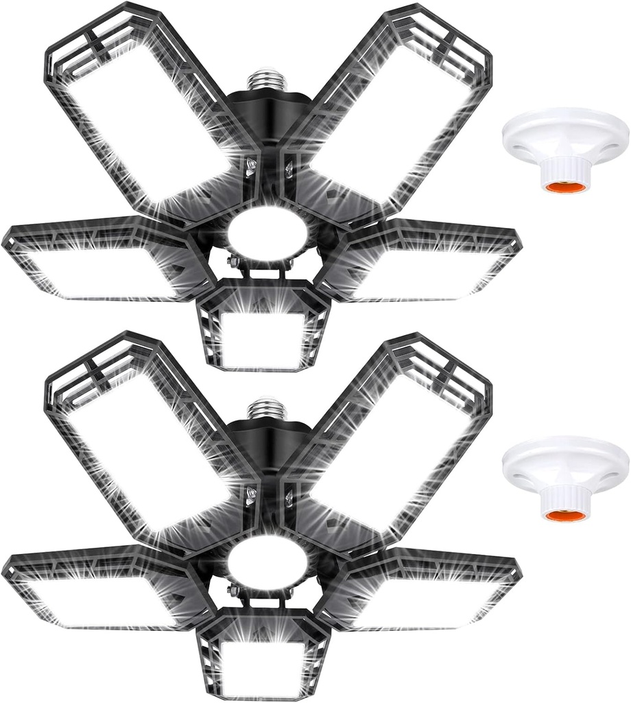 LED Garage Lights 2 Pack,Ceiling LED Shop Light 160W 16000LM 6500K Screw in Led Light with 5+1 Deformable Panels, Bright Led Lighting for Garage Workshop Basement Support E26/E27 Socket