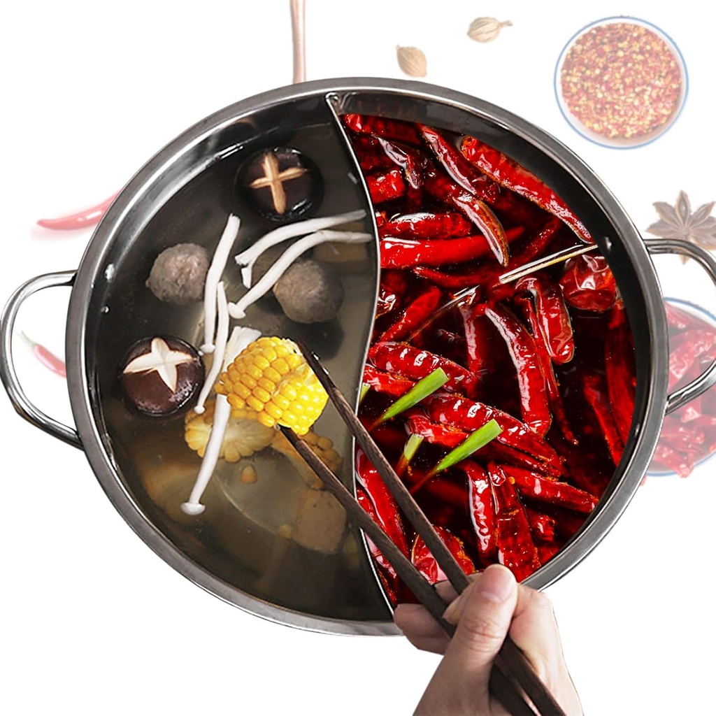 Shabu Shabu Hot Pot 12" Stainless Steel Hot Pot Pot with Glass Lid, Dual Side Split Pot Korean Ramen Pot for Induction Cookers, Gas Stoves, Electric Stoves, Ceramic Stoves
