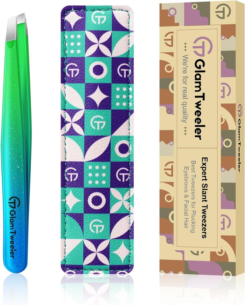 Expert Slant Tip Tweezers with Leather Case, GlamTweeler Sharp & Precision Stainless Steel Tweezer for Eyebrows, Facial Hair and Fine Hairs Removal (Sparkle Princess Blue & Green)