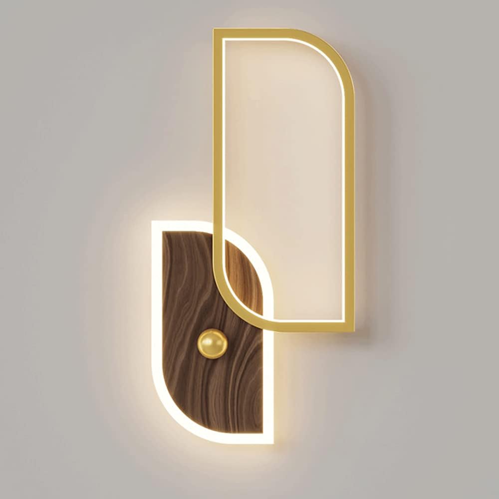 Gold Geometric Wall Light Fixture, Metal Wall Lamps with Imitation Wood Grain Color Accessories, Modern 26W LED Bedside Wall Sconce, Simple Corridor Background Wall Atmosphere Lamp