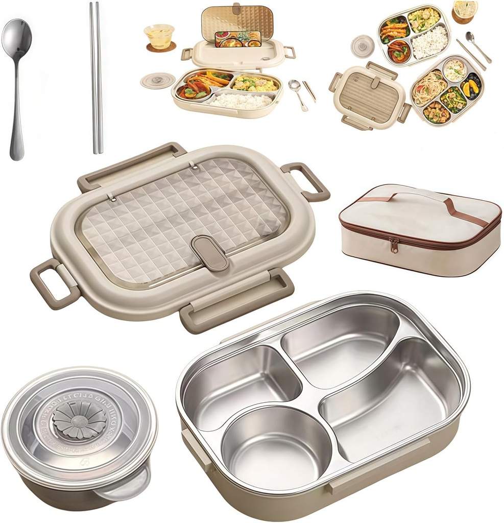 Upgrade Portable Leakproof Food Containers - Large Capacity Lunch Box Bento with Soup Bowl, Spoon, Chopsticks & Insulation Bag (Available in 1000ml, 1500ml, and 2000ml ) (1500ml four compartments)