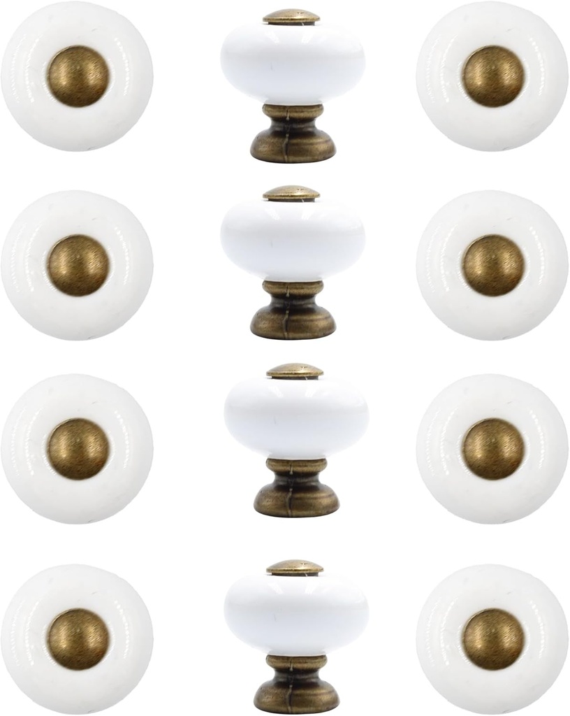 12Pcs 1” Ceramic Round Knobs, Antique Brass and Ceramic Cabinet Knobs, White Furniture Knobs, Mini Drawer Handle Pulls for Drawer Closet Dresser Cupboard Wardrobe Door Kitchen