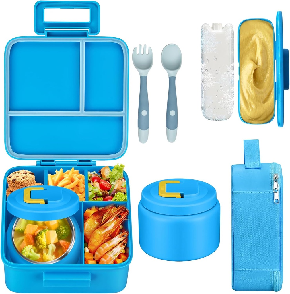 MAISON HUIS Bento Lunch Box with 8oz Soup Thermo, 5-Compartment Leak-Proof Container, Thermo Hot Food Jar and Insulated Lunch Bag, BPA Free,Travel, School (Blue)