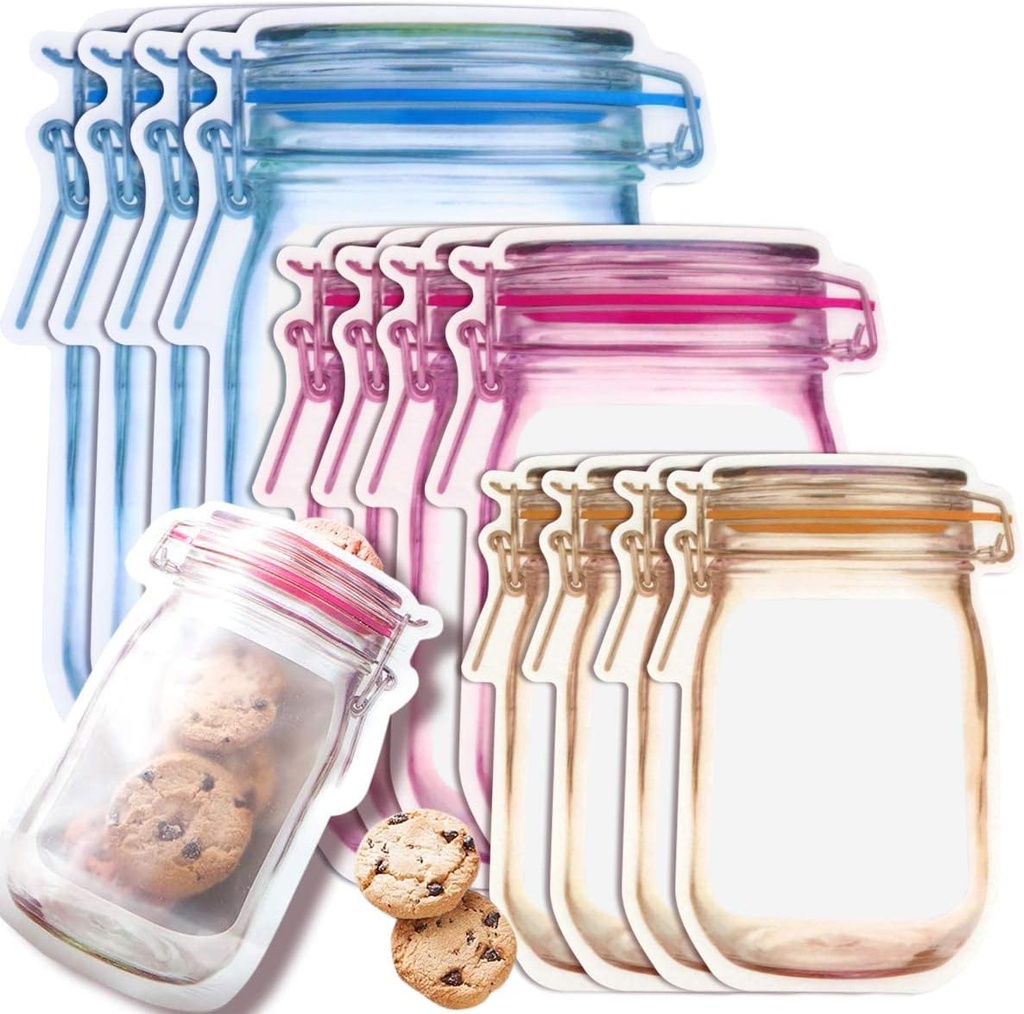 30 PCS Multi-Size Mason Jar Bottle Pattern Zipper Bags,Reusable Airtight Seal Leak-Proof Portable Food Snack Save Storage Pouch Bag for Travel Picnic Camping and Kids