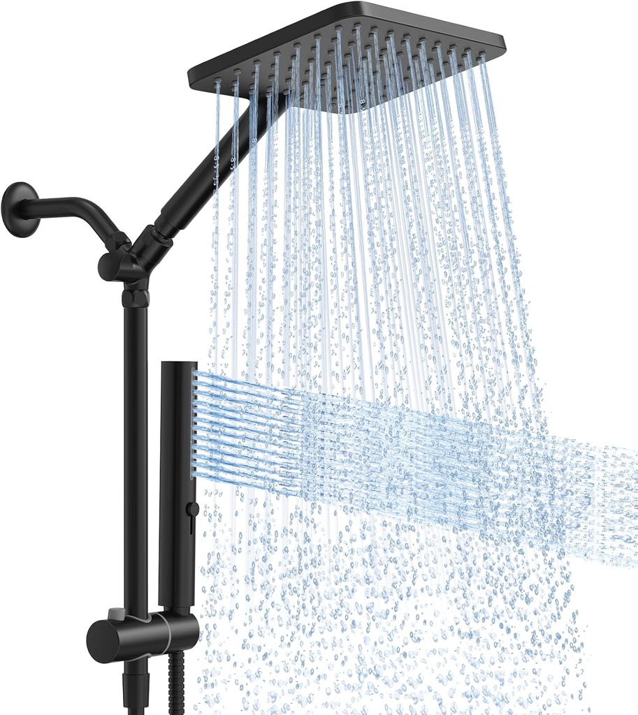Shower Heads with Handheld Spray Combo Matte Black, 10 Inch High Pressure Rain/Rainfall Shower Head, Height Adjustable Dual 2 in 1 Shower Head System with Stainless Steel Hose
