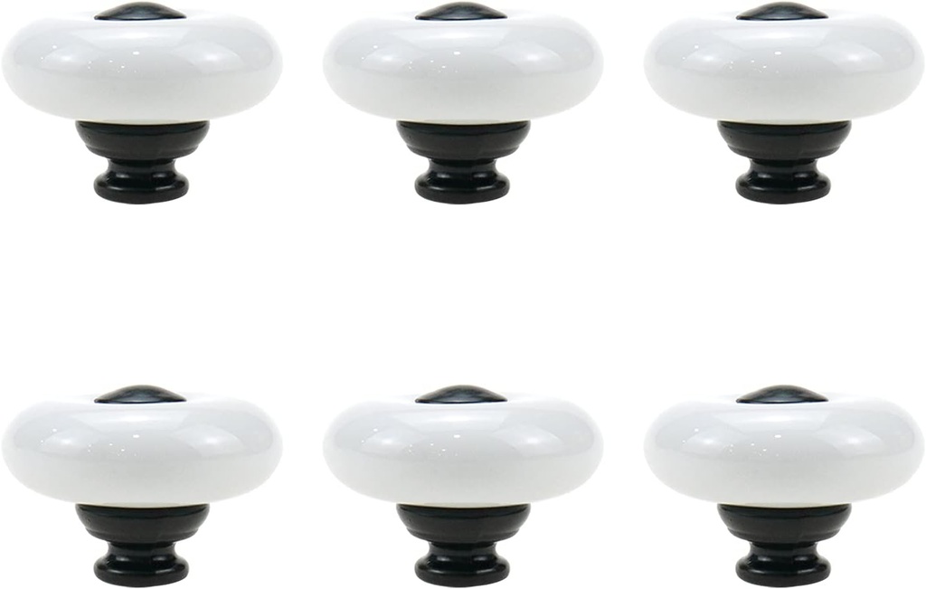 6 Pieces White Ceramic Knob Kitchen Door Cabinets Cupboard Single Hole Pull Handles with Screws,1.26inch/32mm Dia. White+Black Point