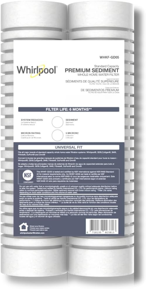 Whirlpool 10" x 2.5" Whole Home Standard Capacity Sediment Filters WHKF-GD05, 5 Micron, 6-Month Filter Life, Reduces Sediment, Sand, Soil, Silt & Rust, for standard filter housings, 2-Pack