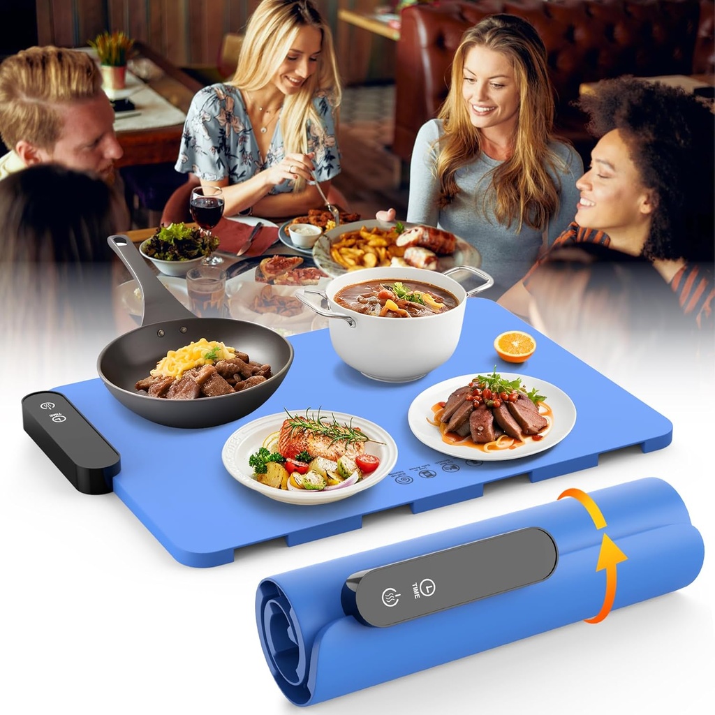 Electric Warming Tray, Silicone Warming Mat with 5 Temperature Settings and Timing Function Fast Heating Electric Heating Tray Roll Up Hot Plates to Keep Food Warm for Home Buffets(Blue)