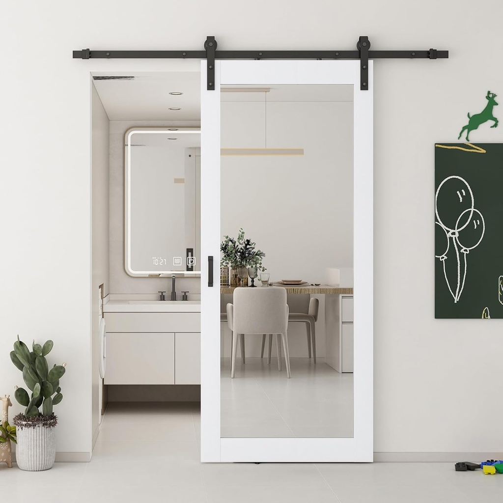 JUBEST 36x84 in Mirror Barn Door and 6.6FT Sliding Door Hardware Kit Included, White Full Length Mirror, Solid Wood Panel Covered with Water-Proof PVC Surface, No Assembly Required