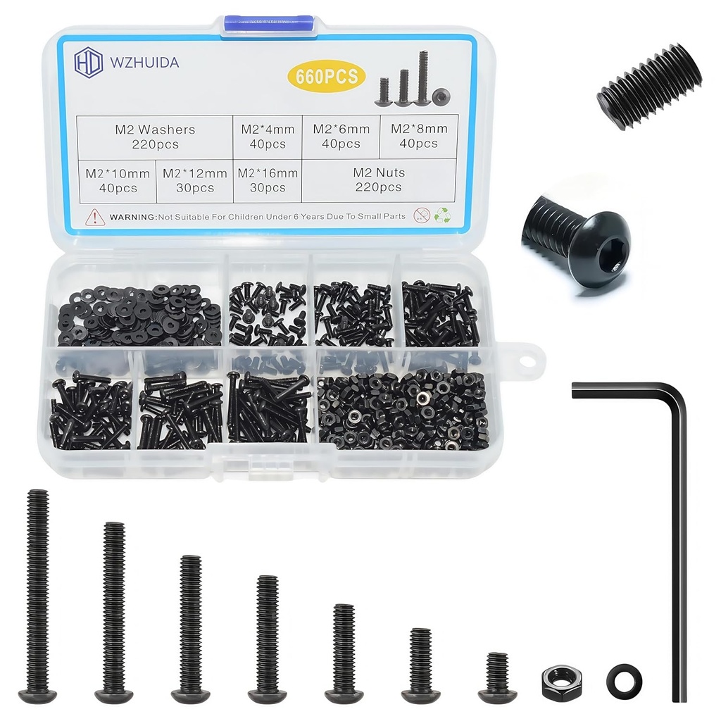 660 Pcs M2 Screws Assortment Kit, M2x4mm/6mm/8mm/10mm/12mm/16mm, Metric Hex Button Head Socket Cap Screws Nuts Washers Kit with Wrench, Black Zinc Plated