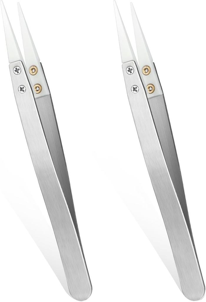 Ceramic Tweezers, 2pcs Stainless Steel Ceramic Precision Tweezers for Electronics, Non-Conductive Anti Static High Temperature Resistant Fine Point Tweezers for Precision Electrical Operation
