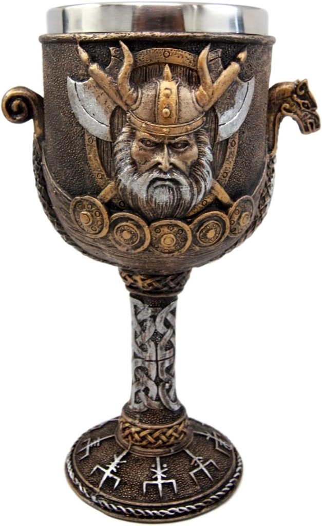 Ebros Gift Norse Valhalla Viking Odin Warlord With Dragon Longship Hull And Stern 7oz Wine Goblet Chalice Resin With Stainless Steel Liner Cup Thor's Compass Vegvisir Bearings Design