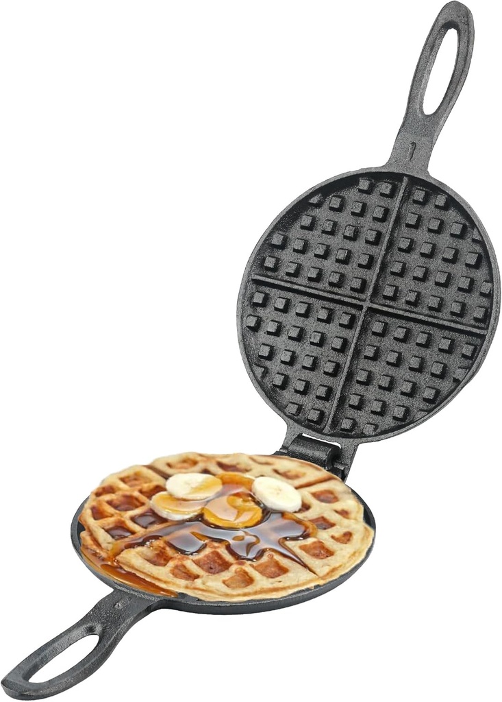 Cast Iron Waffle Maker for Stovetop or Grill, 7 inch Round Waffle Iron, Two Piece Hinged Non-Electric - Quick Heating, Easy Clean